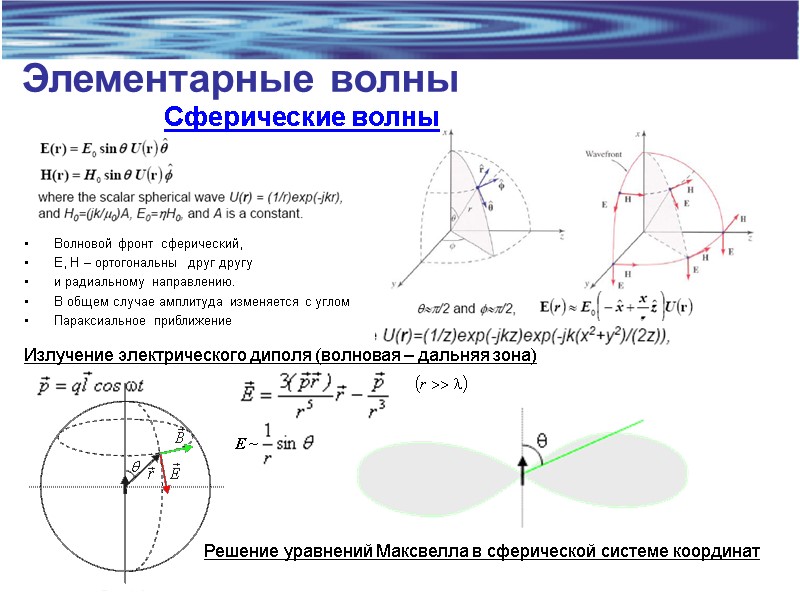 Элементарные волны Сферические волны Волновой фронт сферический,  E, H – ортогональны  друг